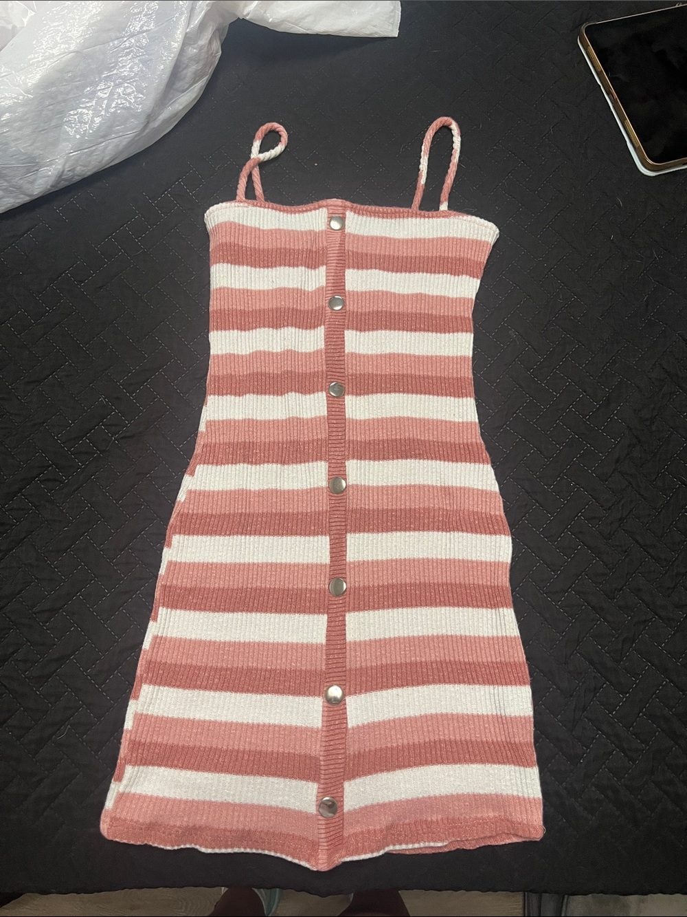 Striped Knit Mini Dress with Button Front - Pink & White